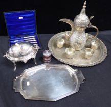 A WHITE METAL TURKISH COFFEE SET, A SILVER-MOUNTED PEPPER MILL