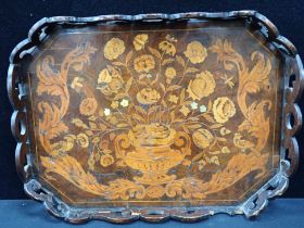 A DUTCH FLORAL MARQUETRY OCTAGONAL TRAY