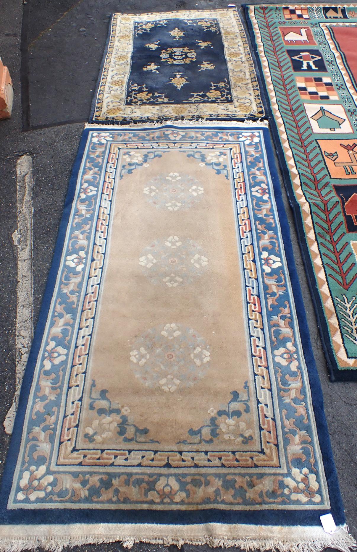 TWO CHINESE RUGS, AND A LARGER RUG - Image 2 of 9