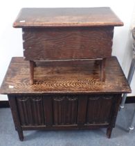 A SMALL OAK COFFER, WITH LINENFOLD PANELLED FRONT