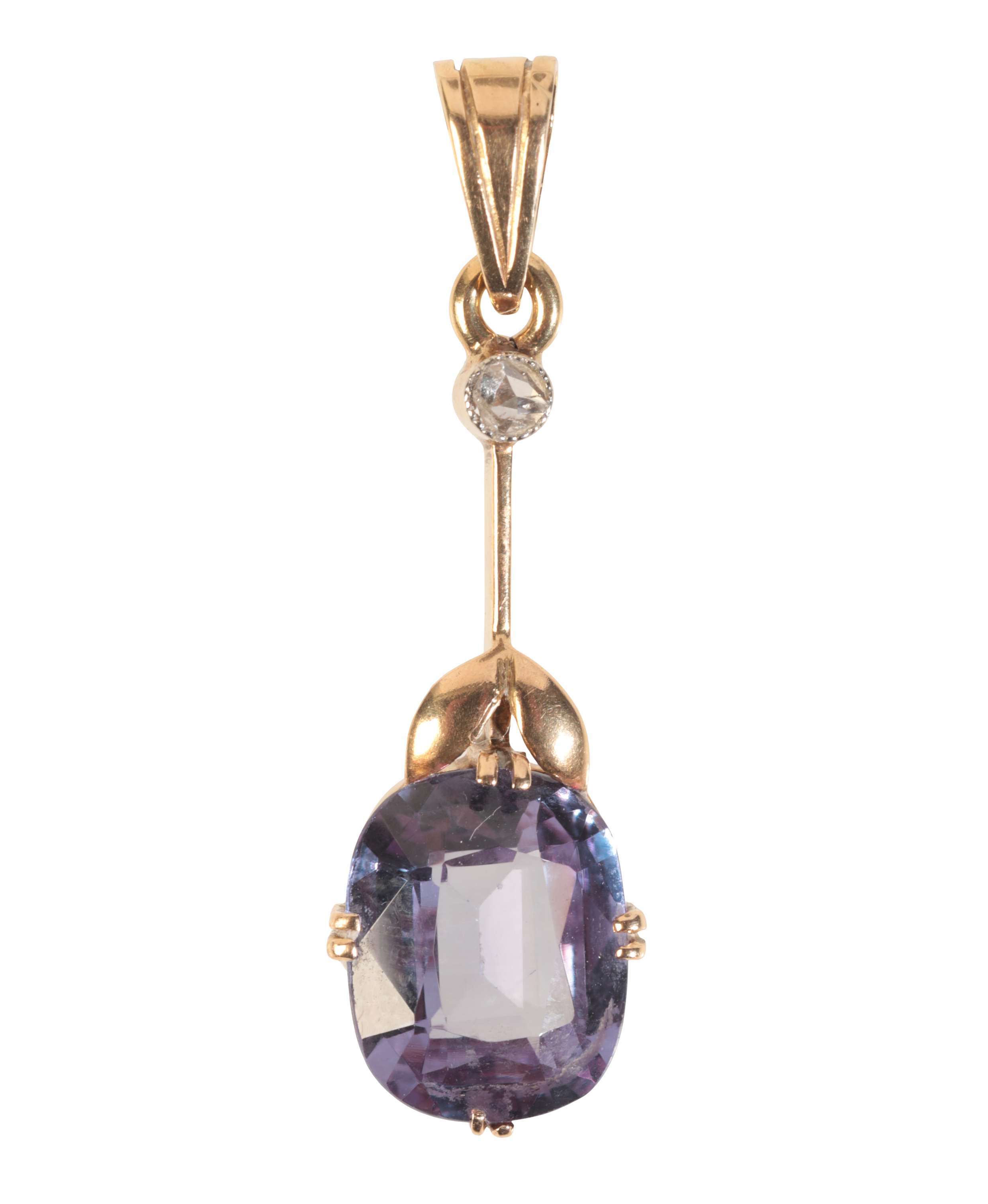 A SYNTHETIC COLOUR CHANGE SAPPHIRE AND DIAMOND PENDANT