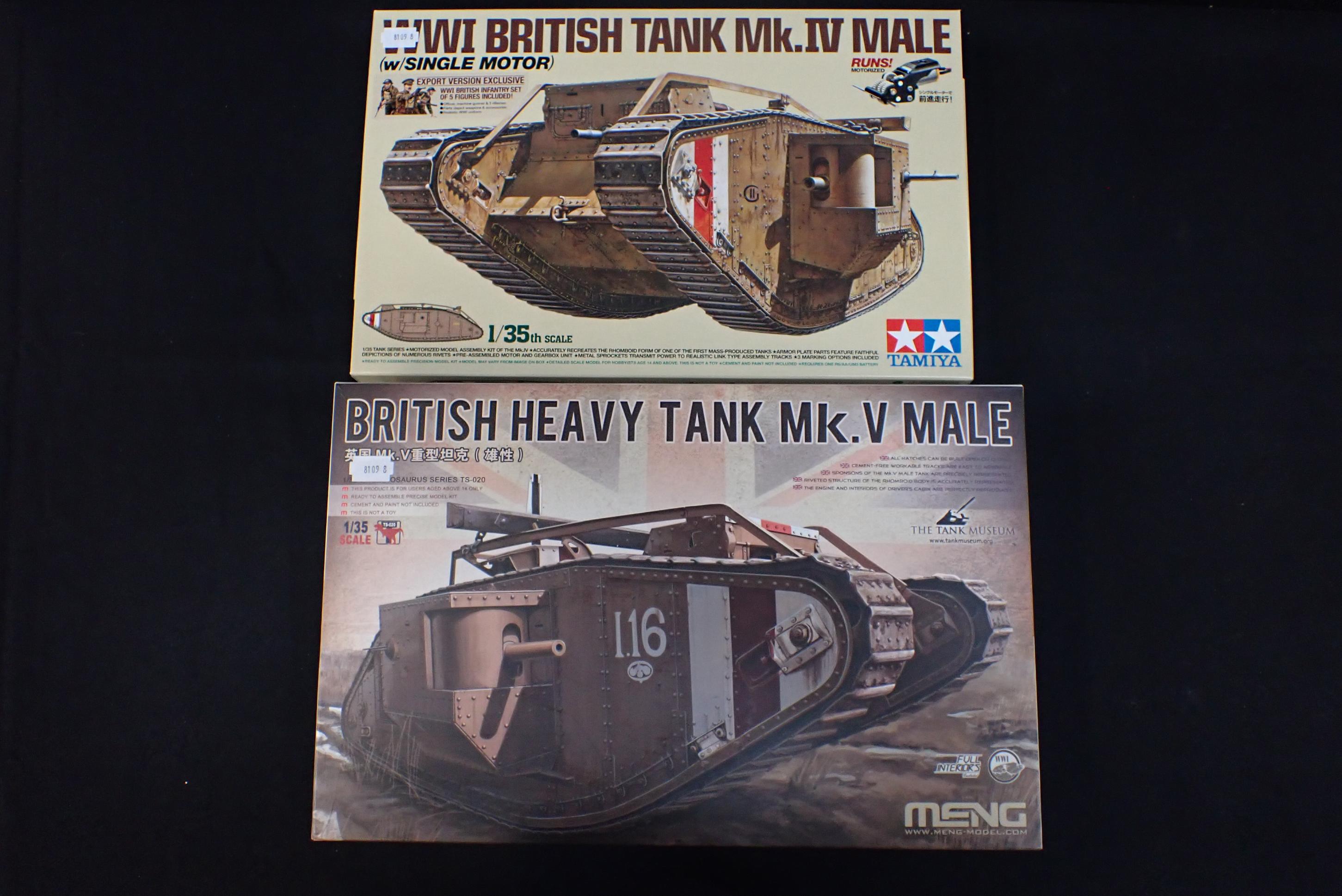 TAMIYA MODEL KIT WWI BRITISH TANK Mk.IV MALE, MOTORIZED. SET INCLUDES 5 FIGURES OF WWI BRITISH INFAN