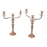 A PAIR OF SILVER-PLATED ON COPPER TRIPLE SCONCE CANDLEBRA
