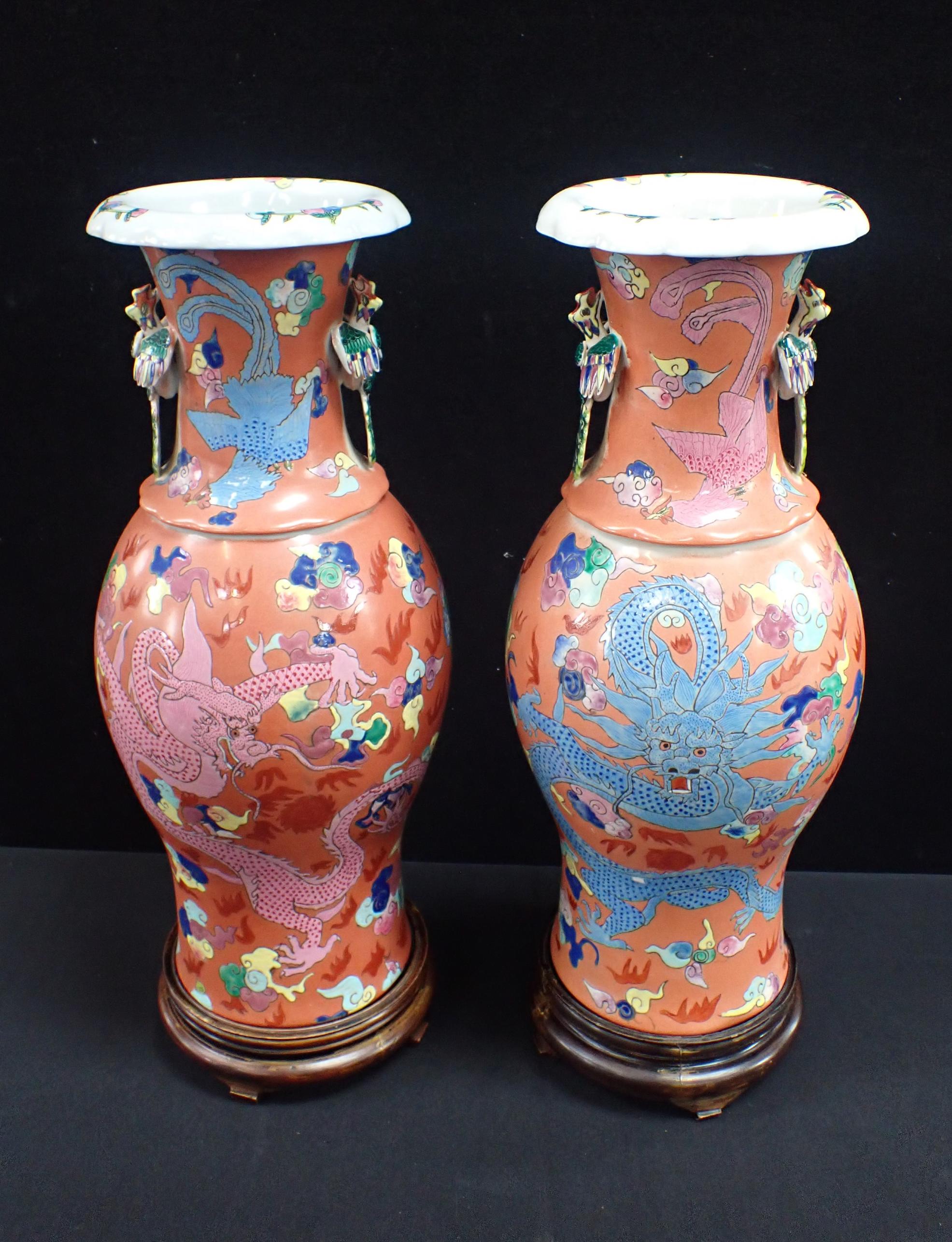 A PAIR OF REPRODUCTION CANTONESE TWO-HANDLED VASES