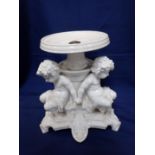 A FRENCH WHITE GLAZED TAZZA BASE/STAND, THREE CHERUBS