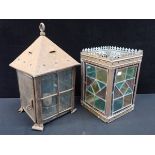 A VICTORIAN HALL LANTERN WITH COLOURED LEADED GLASS PANELS