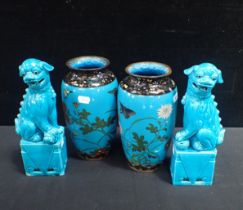 A PAIR OF CLOISONNE VASES; CHRYSANTHEMUMS AND BUTTERFLIES