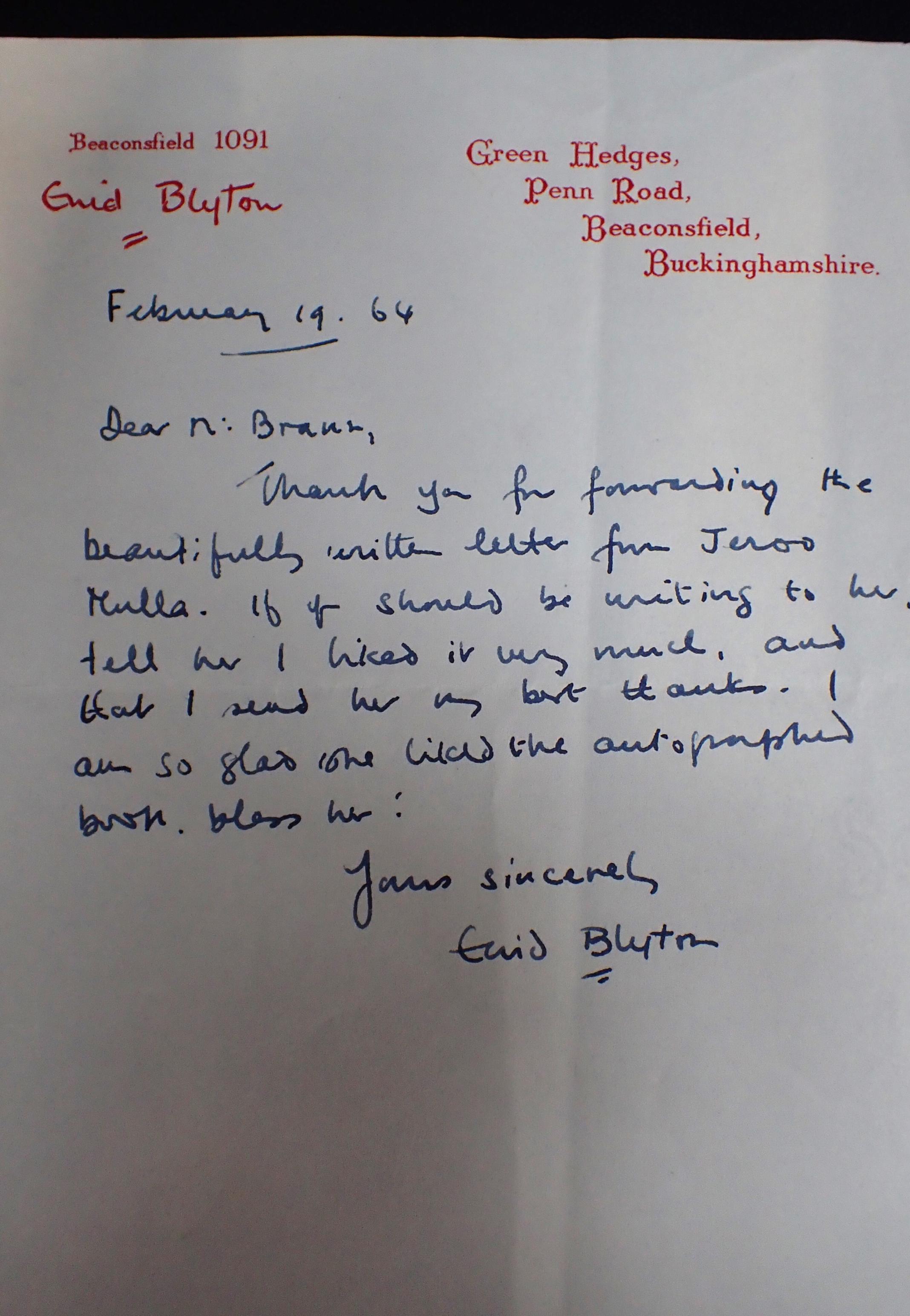 ENID BLYTON: TWO AUTOGRAPH SIGNED LETTERS - Image 3 of 6