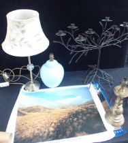 A TREE FORM CANDELABRA, THREE TABLE LAMPS