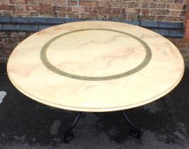 A FAUX MARBLE AND WROUGHT IRON CENTRE TABLE