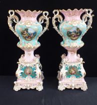 A PAIR OF PORCELAIN URNS ON STANDS, POSSIBLY DRESDEN