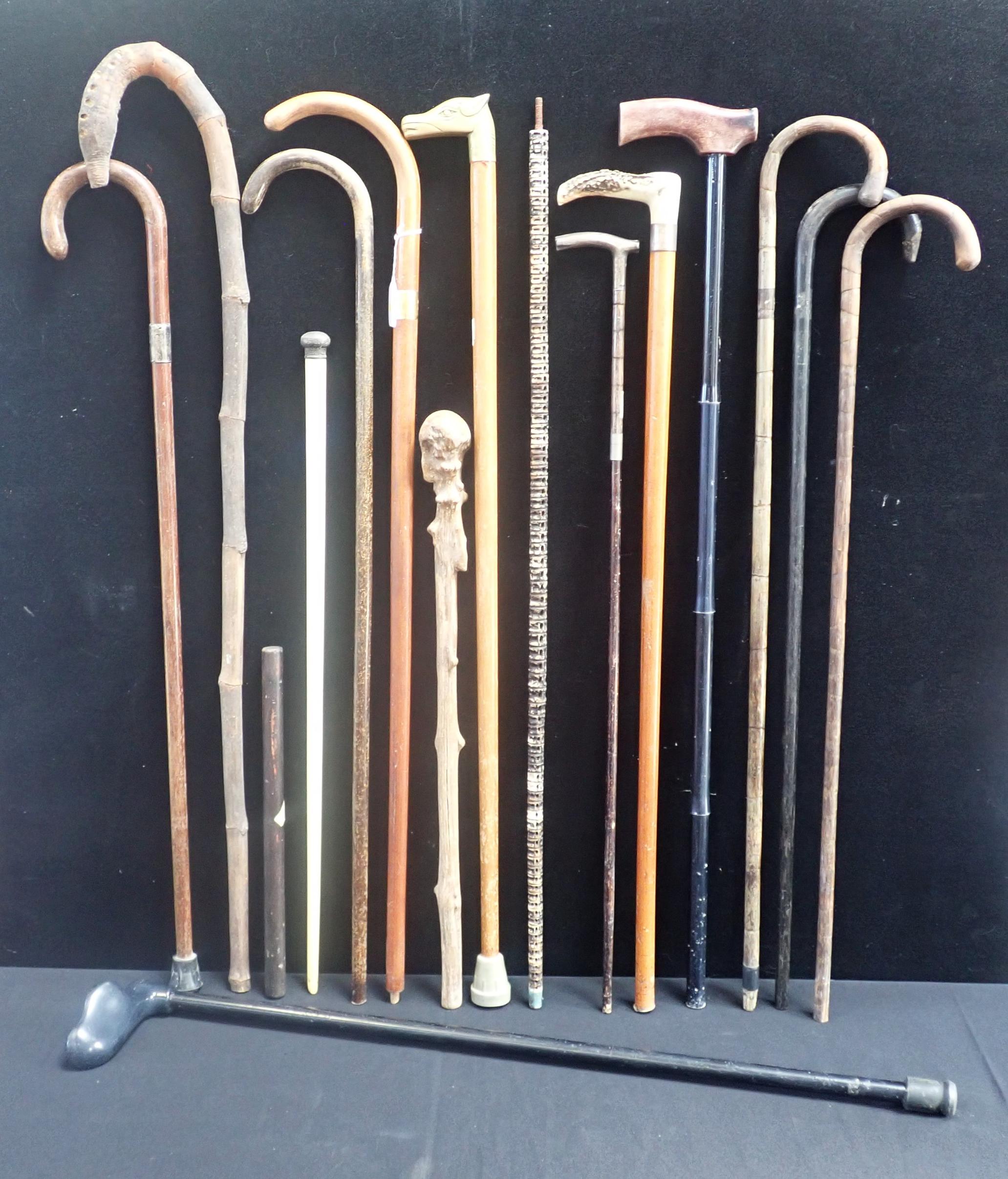 A COLLECTION OF WALKING STICKS, ONE WITH 18ct GOLD MOUNT