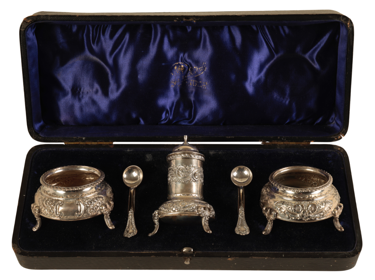 A VICTORIAN SILVER THREE PIECE CRUET SERVICE