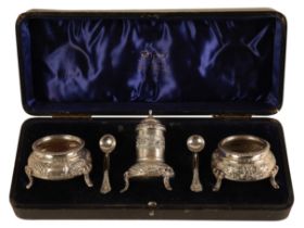 A VICTORIAN SILVER THREE PIECE CRUET SERVICE