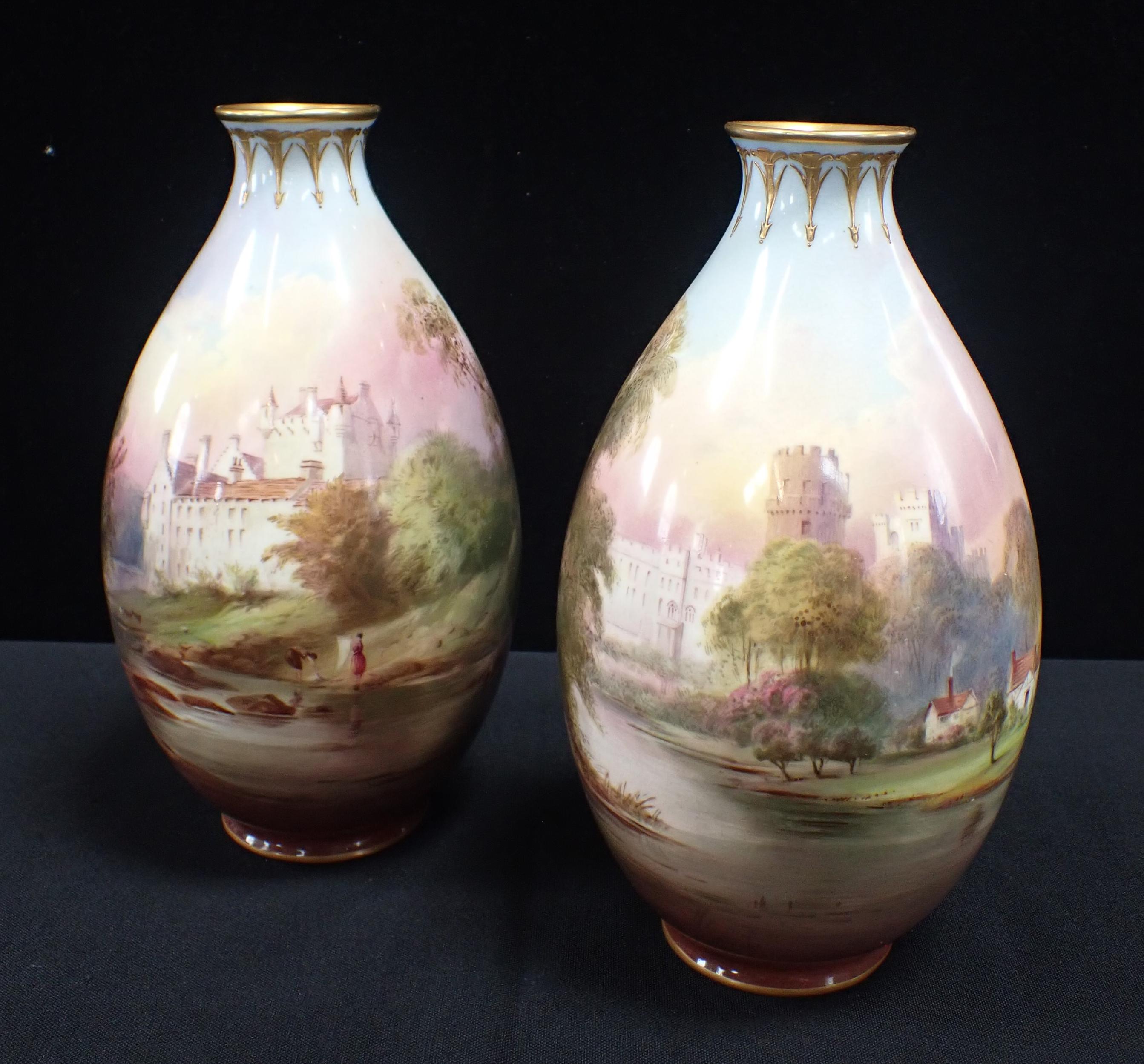 A PAIR OF ROYAL DOULTON VASES, PAINTED BY W. BROWN