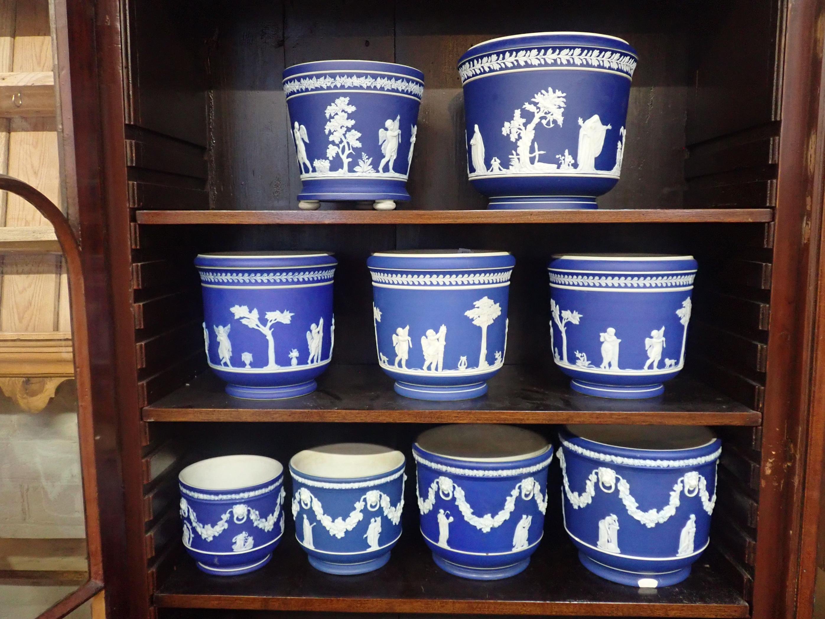 NINE BLUE JASPERWARE CACHE-POTS