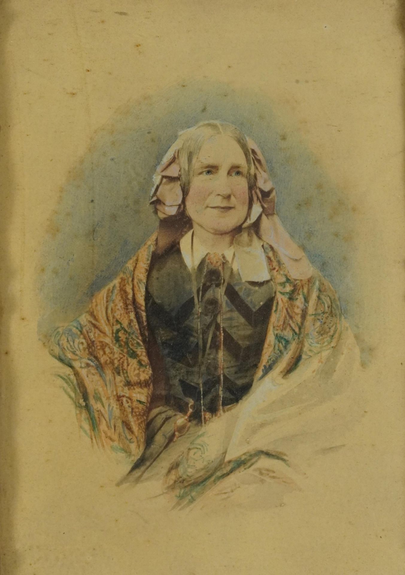 Top half portrait of an elderly female, heightened watercolour over photograph, framed and glazed,