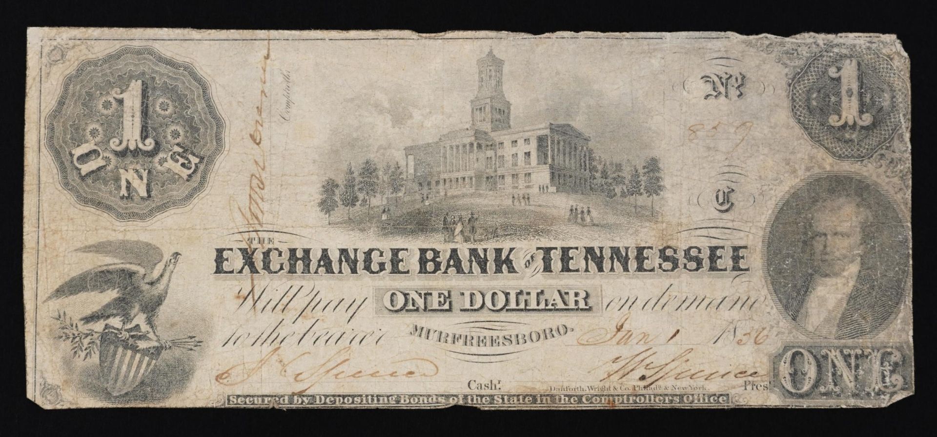 19th century Exchange Bank of Tennessee one dollar banknote dated 1836 : For further information