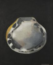 Arthur Hackney '64 - Round pebble on black ground, 1960s oil on canvas, inscribed verso, mounted and