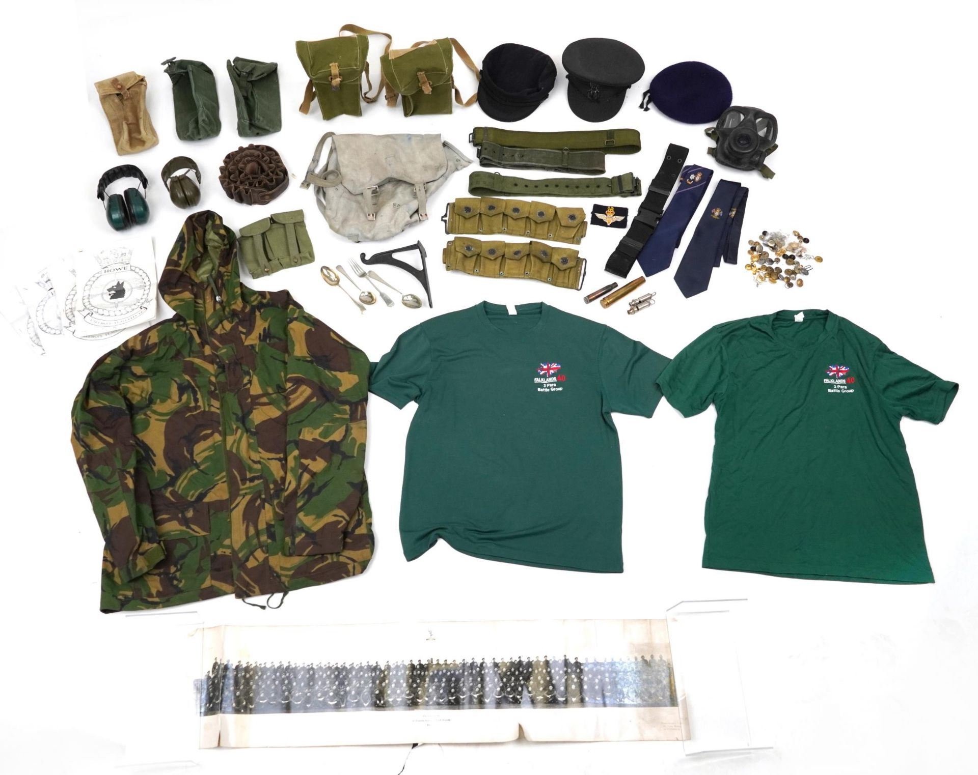 Militaria including Royal Navy peaked cap, Falkland Islands commemorative tee shirts, gas mask and