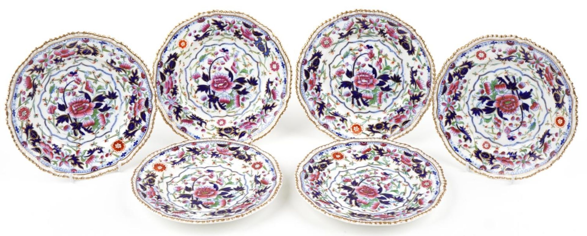 Grangers Worcester, set of six Victorian cabinet plates decorated with flowers within gilt