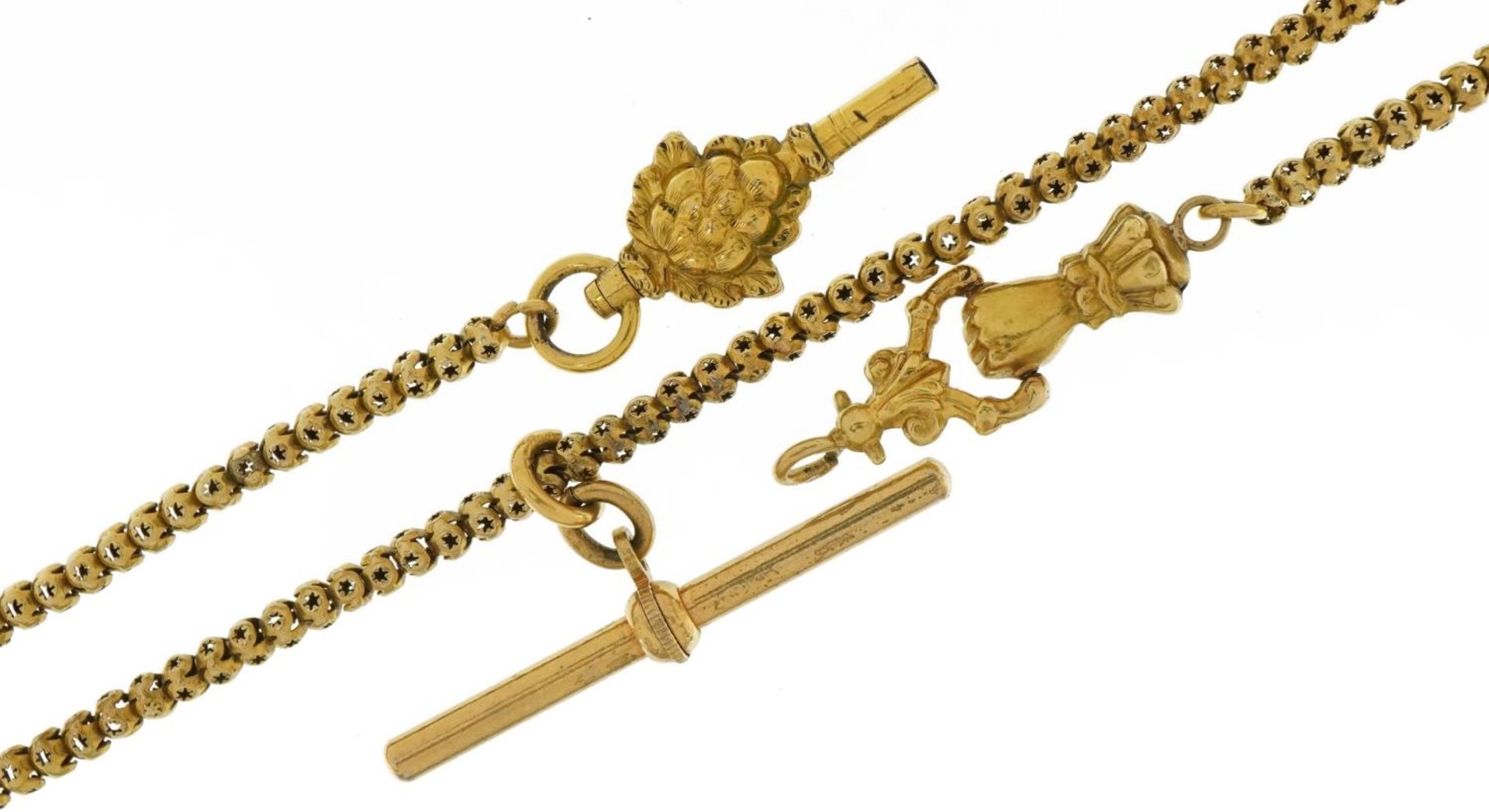 Antique unmarked gold and yellow metal ball link watch chain with hand design clasp and T bar, the - Bild 3 aus 3