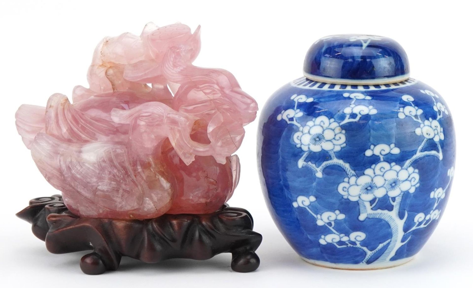 Chinese blue and white porcelain prunus pattern ginger jar and cover and a large pink jade/jadeite