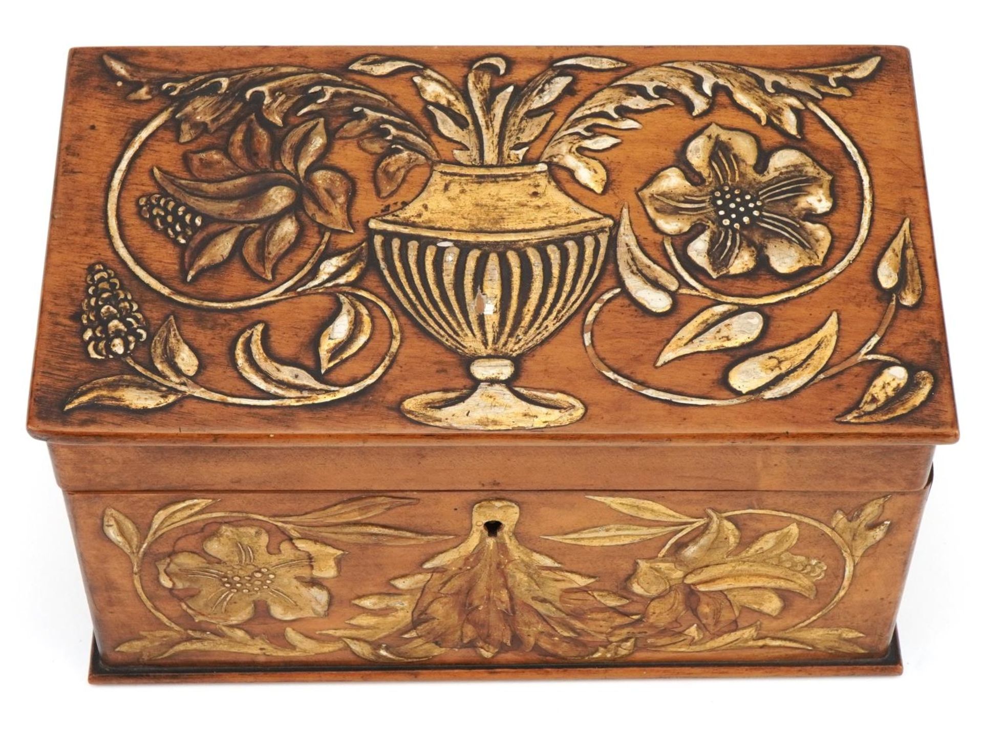 19th century walnut letter rack with slope front hinged lid decorated in low relief with gesso - Image 3 of 5