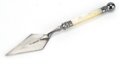 Francis Howard, Victorian silver letter opener with mother of pearl handle in the form of a