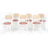 Set of six Italian bentwood bistro chairs with cane backs and salmon upholstered cushioned seats,