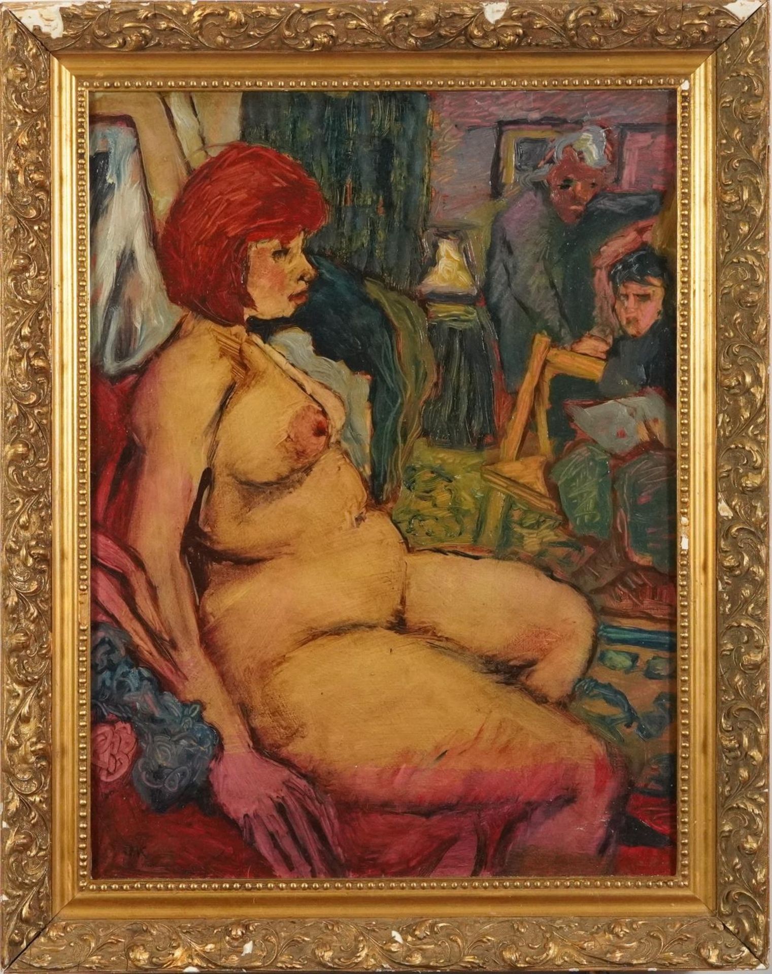 Portrait of a nude red-headed female in an interior, continental post-war oil on board, mounted - Bild 2 aus 5