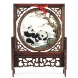 Chinese hardwood rotating table screen with silk panel embroidered with two pandas, signed with