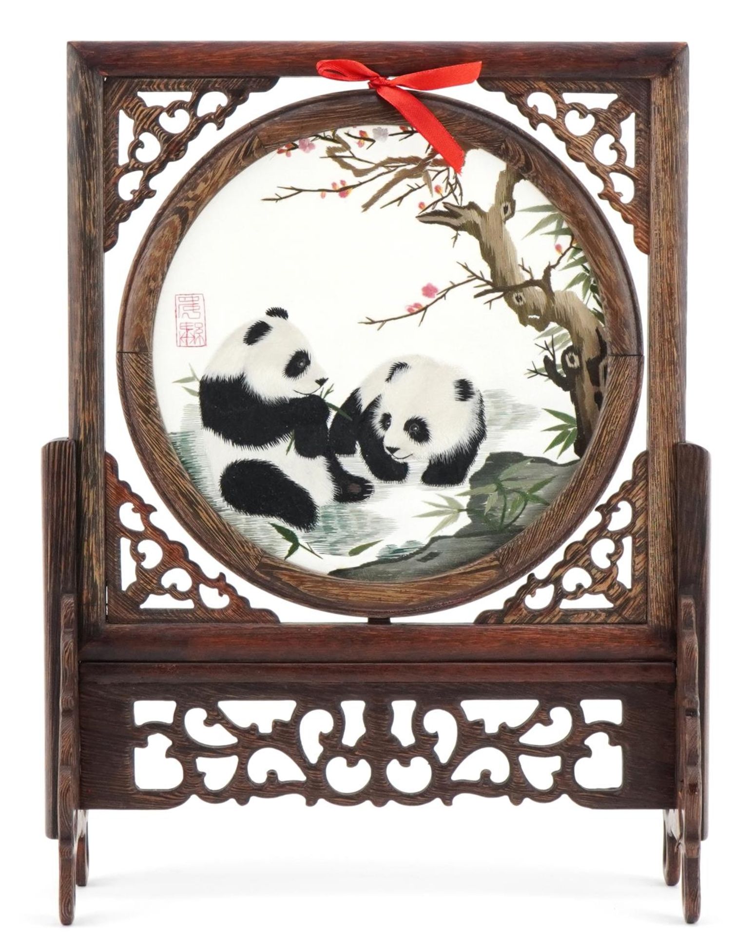 Chinese hardwood rotating table screen with silk panel embroidered with two pandas, signed with