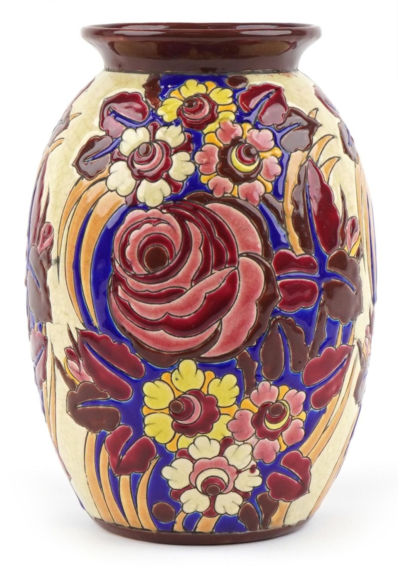 Boch Freres, French Art Deco vase enamelled with stylised flowers, numbered 1270 to the base, 24.5cm - Image 2 of 4