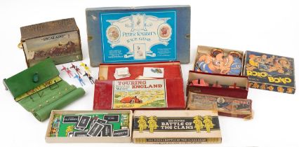 Collection of vintage games with boxes including Rollo Boko by Tan-Sad, Touring England, Escalado