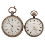 Waltham, two gentlemen's silver open face pocket watches with enamelled dials, one with silver watch