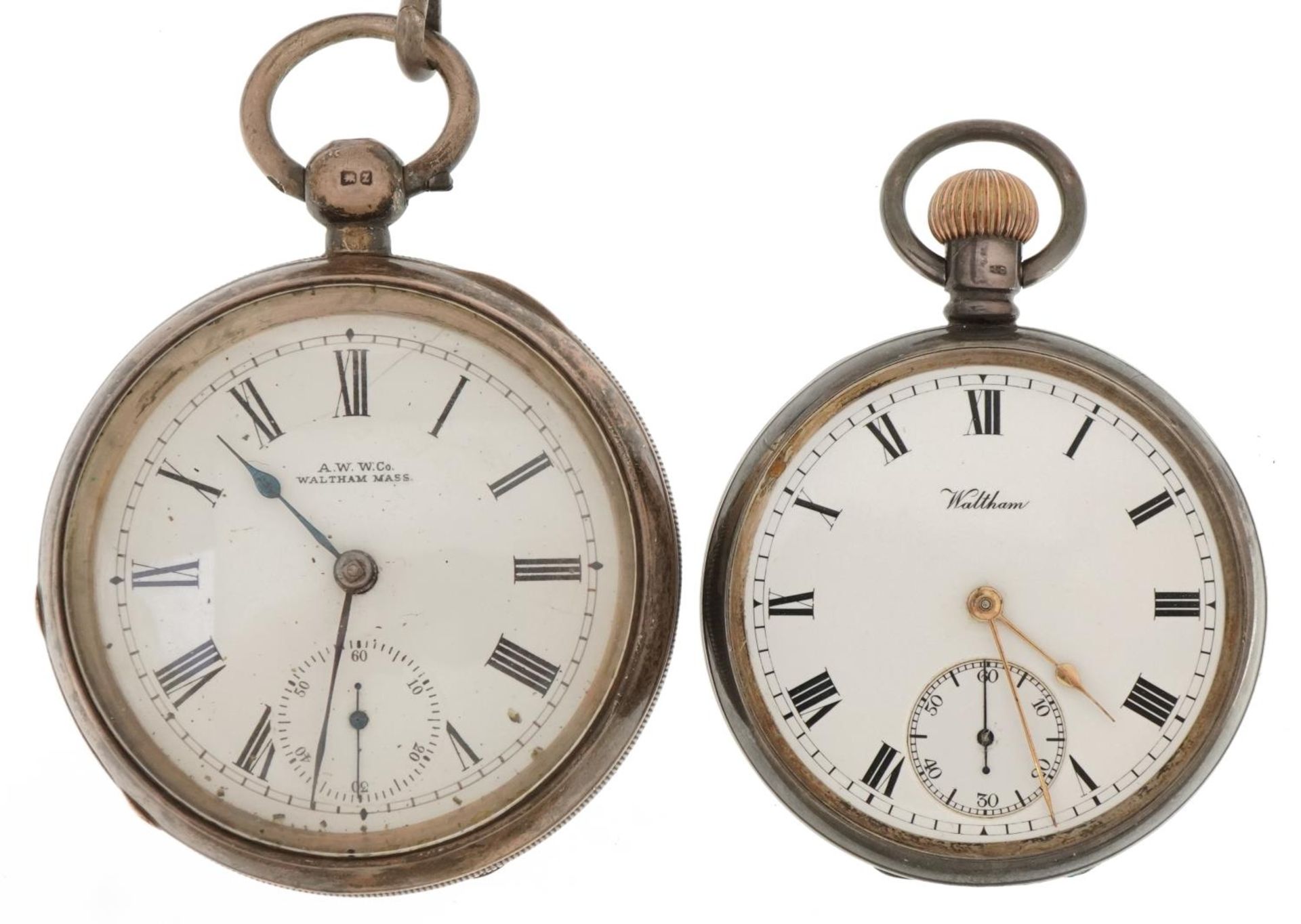 Waltham, two gentlemen's silver open face pocket watches with enamelled dials, one with silver watch