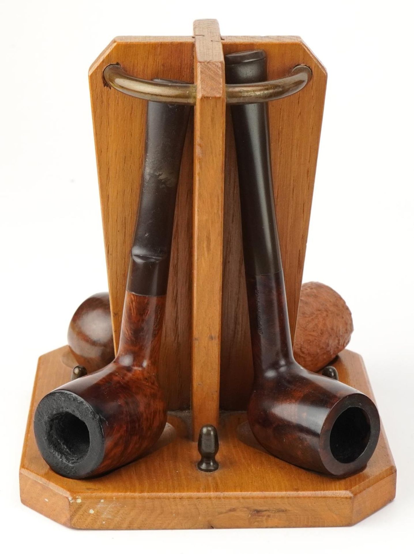 Twenty vintage tobacco smoking pipes, one with silver collar, arranged in four pipe racks and a - Image 5 of 13