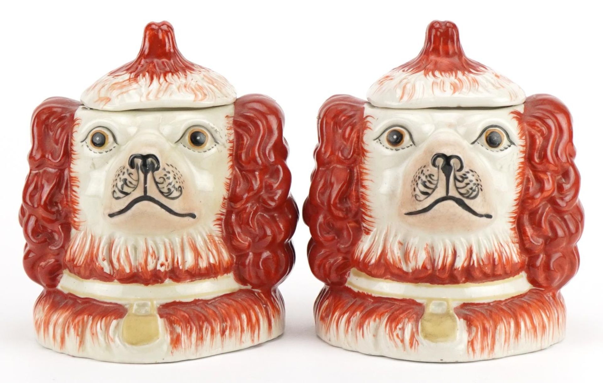 Pair of Staffordshire pottery style double sided Spaniel head pots and covers, each 14cm high : - Image 3 of 6