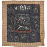 Tibetan wall hanging Buddhist thangka hand painted with deities and immortals, overall 85cm x 73cm :