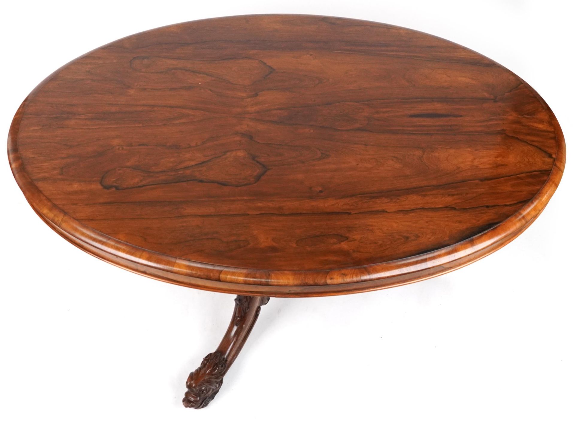 Victorian rosewood tilt top breakfast table with carved bulbous column on lion mask feet, 74cm H x - Image 4 of 6