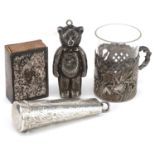 Victorian and later silver objects comprising teddy bear rattle, matchbox case, cheroot holder