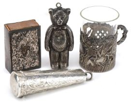 Victorian and later silver objects comprising teddy bear rattle, matchbox case, cheroot holder