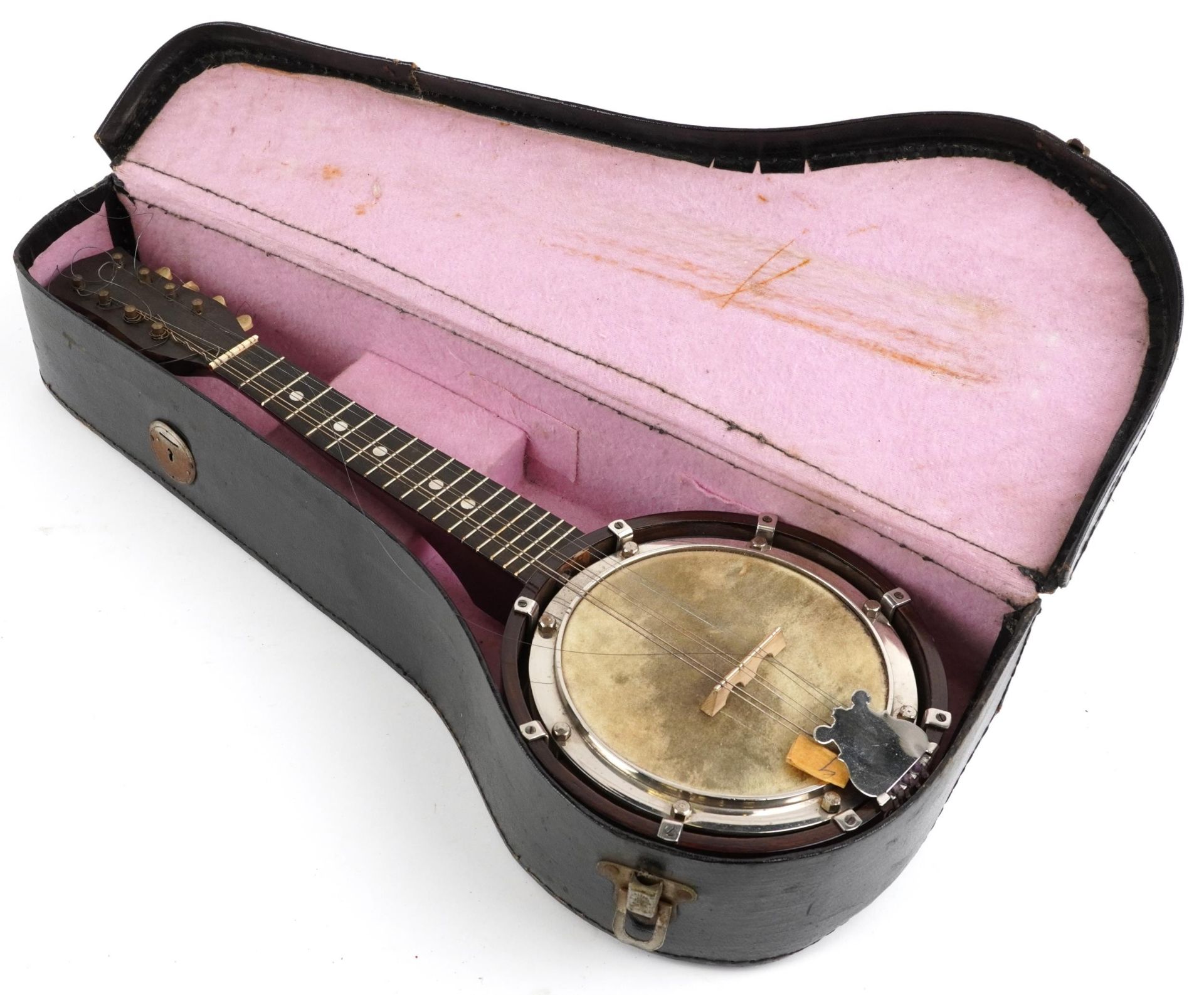 Early 20th century eight string banjo ukulele with fitted case, 54cm in length : For further - Image 4 of 4