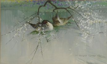 Vernon Ward - Two ducks on water, impasto oil, with receipt and Beckstones Gallery label verso,