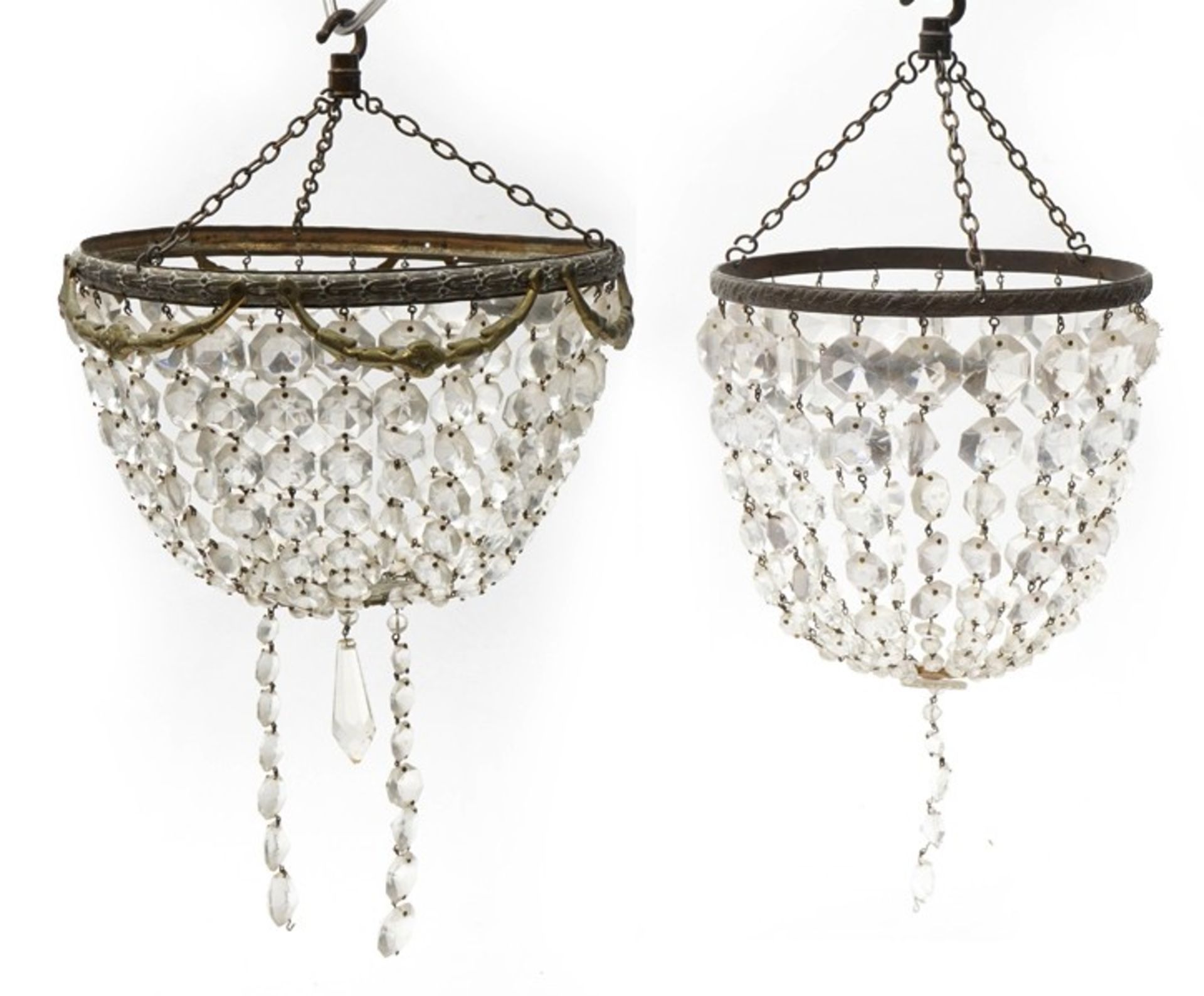 Two brass bag chandeliers with cut glass drops, the largest 26cm in diameter : For further