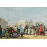 After Eugene Boudin - Busy beach scene, French Impressionist oil on board, 35.5cm x 24.5cm excluding
