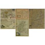 Five antique hand coloured maps including two by Richard Blome of Middlesex & Wiltshire and an