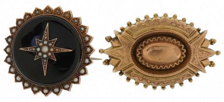 Victorian Etruscan Revival 9ct gold mourning brooch and an unmarked gold black enamel seed pearl