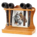 Four Dunhill briar Shell tobacco smoking pipes arranged in a lightwood pipe rack, the pipe rack 20cm